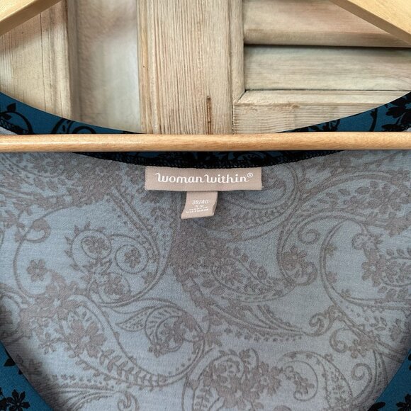 Woman Within PLUS 5X (38 / 40) Teal Pasiley Stretch 3/4 Sleeve Soft Blouse Top - Picture 2 of 5